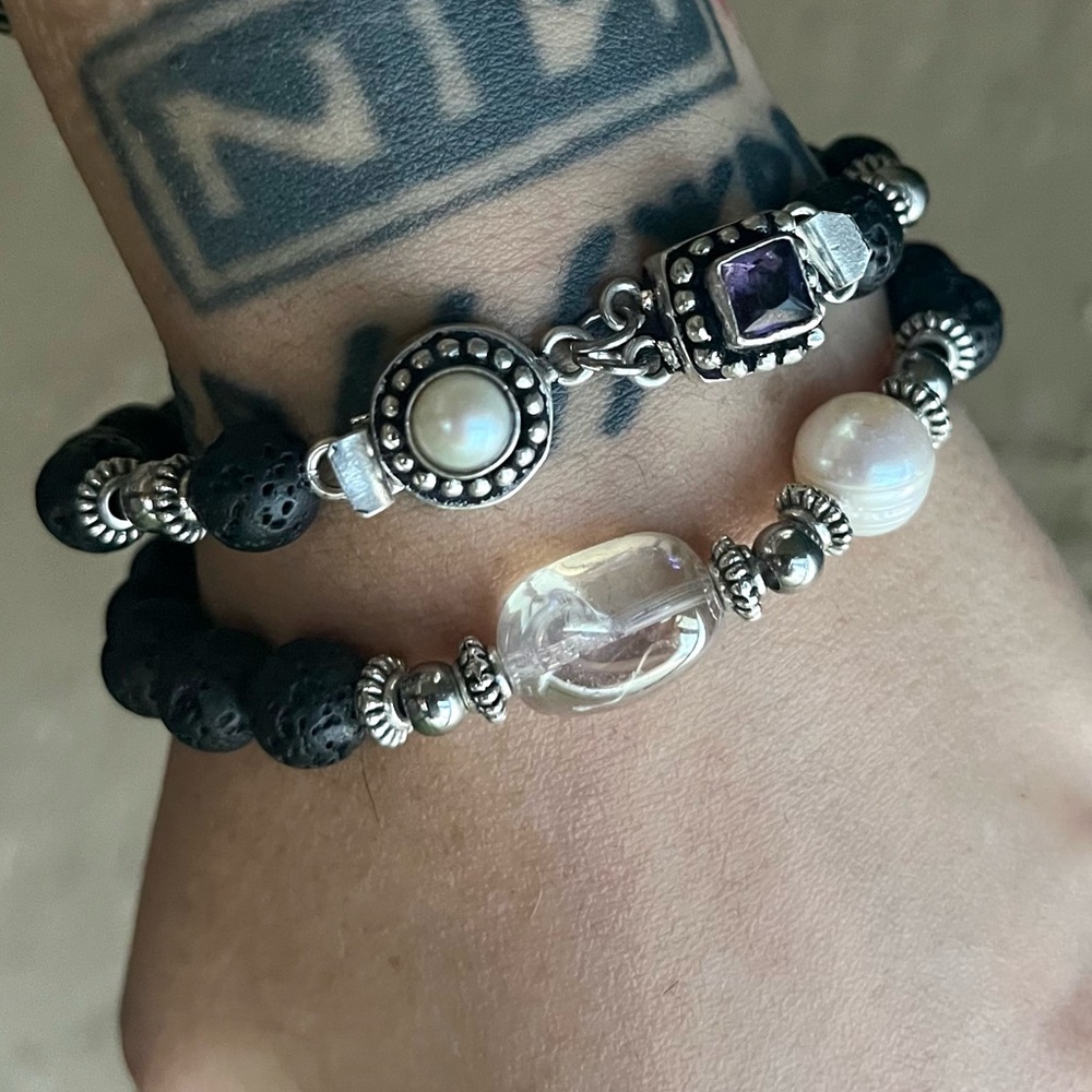 Genuine Gemstones bracelets set amethyst , pearl &  aura crystal + lava rock - Picture 9 of 16